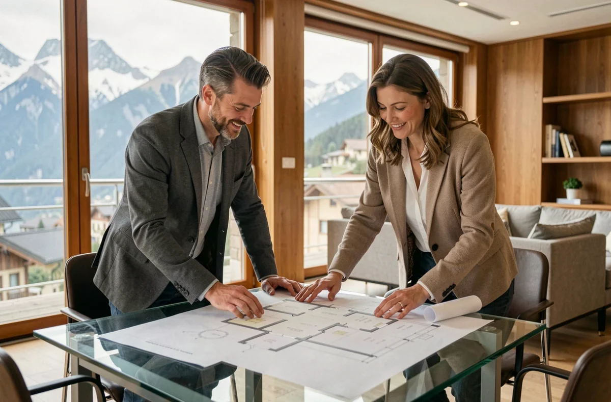 Couple de professionnels consultant des plans d'appartements dans une agence immobilière en Andorre avec vue sur les Pyrénées