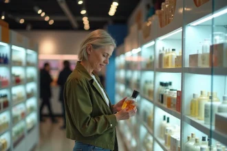Femme frontalière examinant des produits dans une boutique duty-free d'Andorre lors d'un achat transfrontalier
