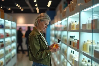 Femme frontalière examinant des produits dans une boutique duty-free d'Andorre lors d'un achat transfrontalier