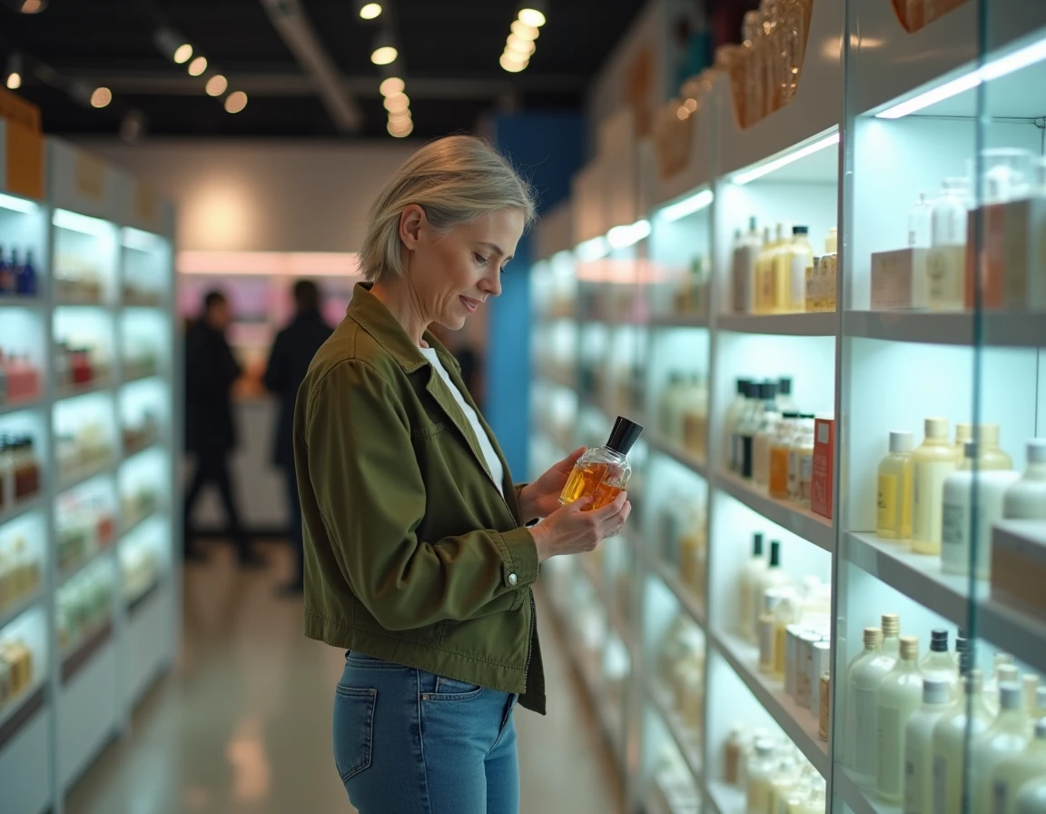 Femme frontalière examinant des produits dans une boutique duty-free d'Andorre lors d'un achat transfrontalier