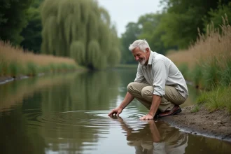 Propriétaire d'un étang privé en milieu rural effleurant l'eau calme au bord de son plan d'eau, entouré de saules pleureurs et de roseaux, investissement plaisir nature