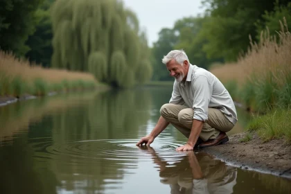 Propriétaire d'un étang privé en milieu rural effleurant l'eau calme au bord de son plan d'eau, entouré de saules pleureurs et de roseaux, investissement plaisir nature