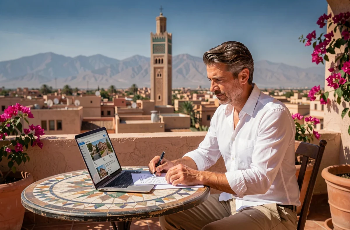 Expatrié français consultant des annonces immobilières sur une terrasse avec vue panoramique sur Marrakech et la mosquée Koutoubia
