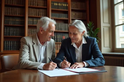 Couple de seniors en consultation notariale pour un achat en viager libre en Île-de-France