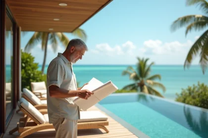 Homme occidental examinant des plans d'architecte sur la terrasse d'une villa en bord de mer à Koh Samui, Thaïlande