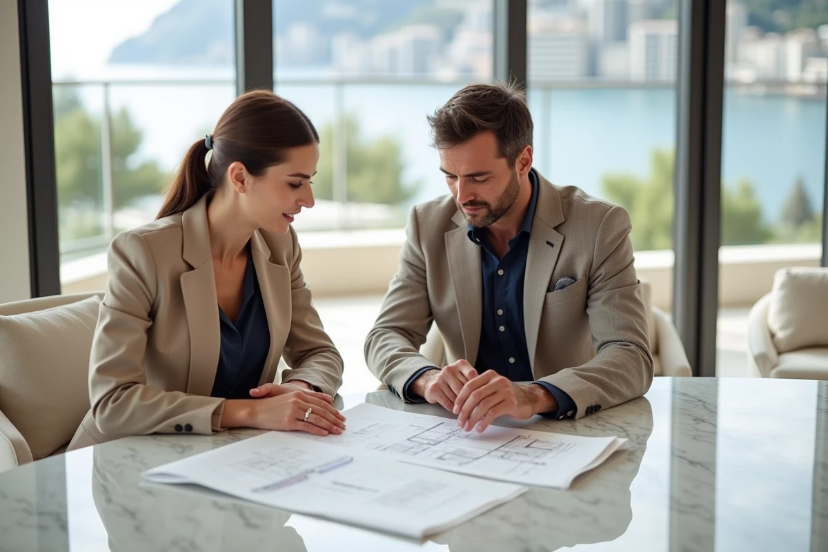 Couple consultant des documents immobiliers dans une agence moderne à Monaco avec vue sur la côte