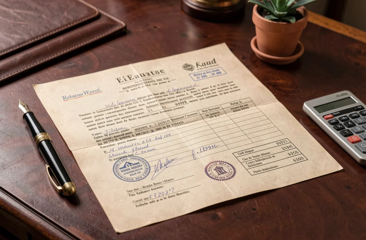 Acte notarié avec cachet officiel et annotations manuscrites pour une transaction immobilière en bloc