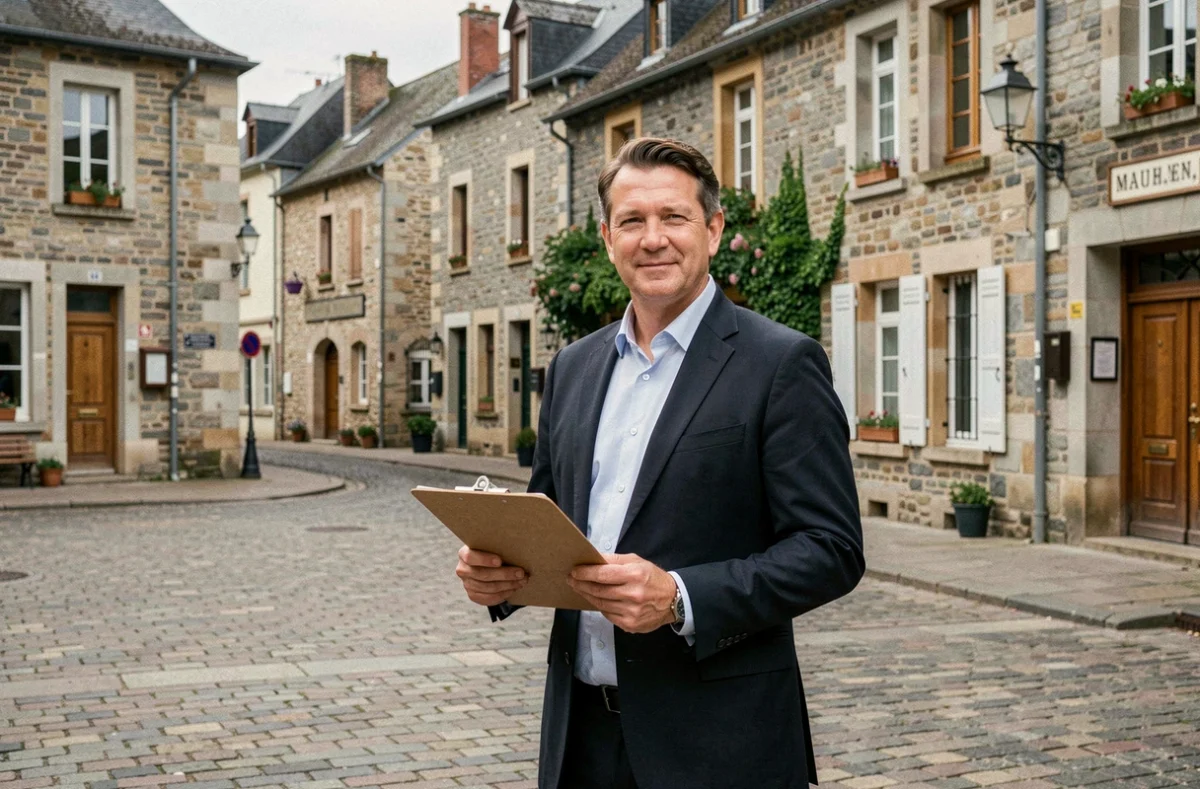 Conseiller de l'Agence Immobilière du Haut Anjou sur la place principale de Laval en Mayenne