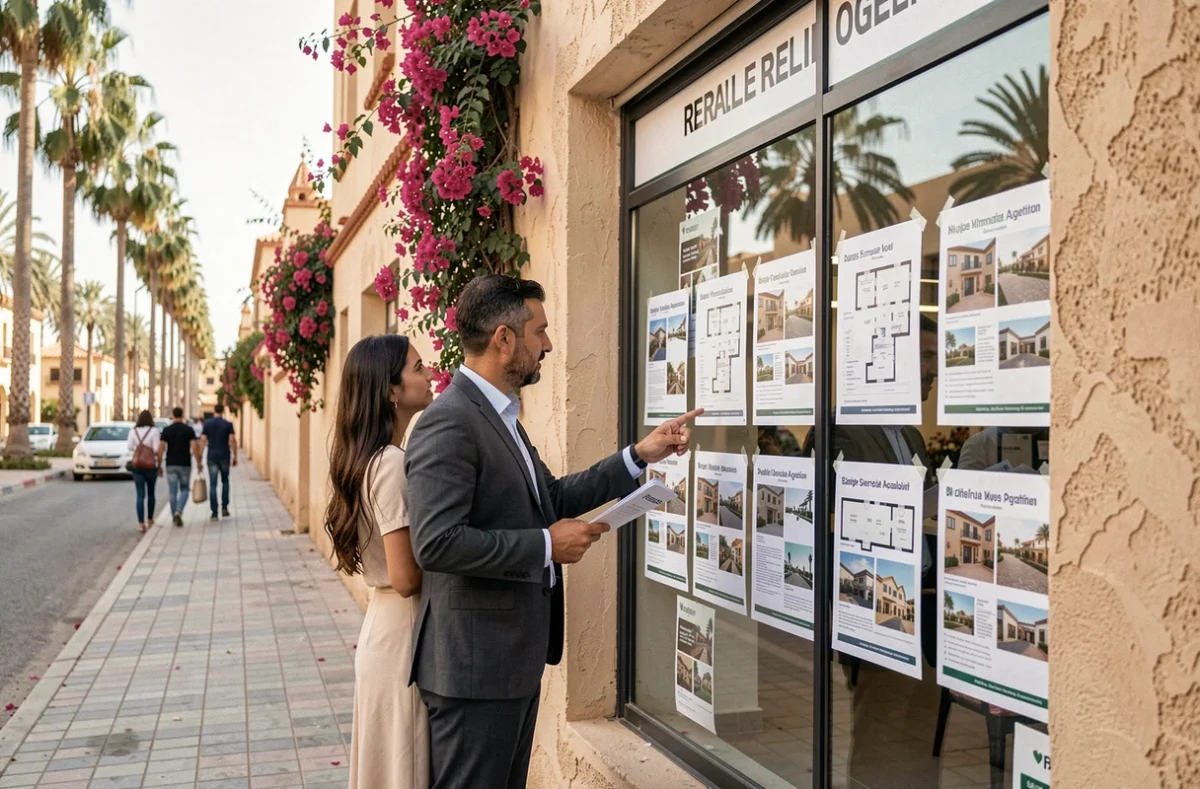 Couple devant une agence immobilière dans le quartier de la Palmeraie à Marrakech consultant des annonces d'appartements