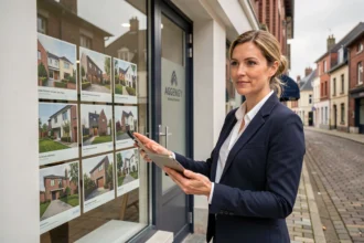 Agente immobilière professionnelle devant une agence immobilière dans le Pas-de-Calais