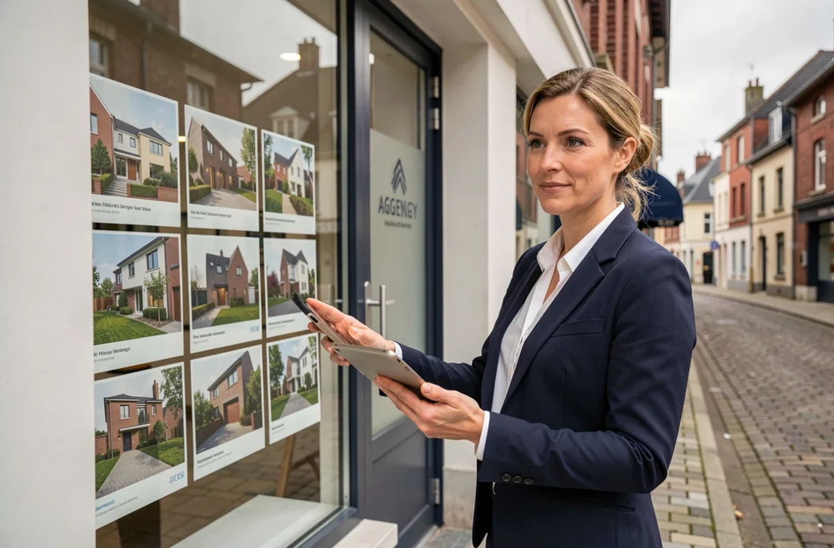 Agente immobilière professionnelle devant une agence immobilière dans le Pas-de-Calais