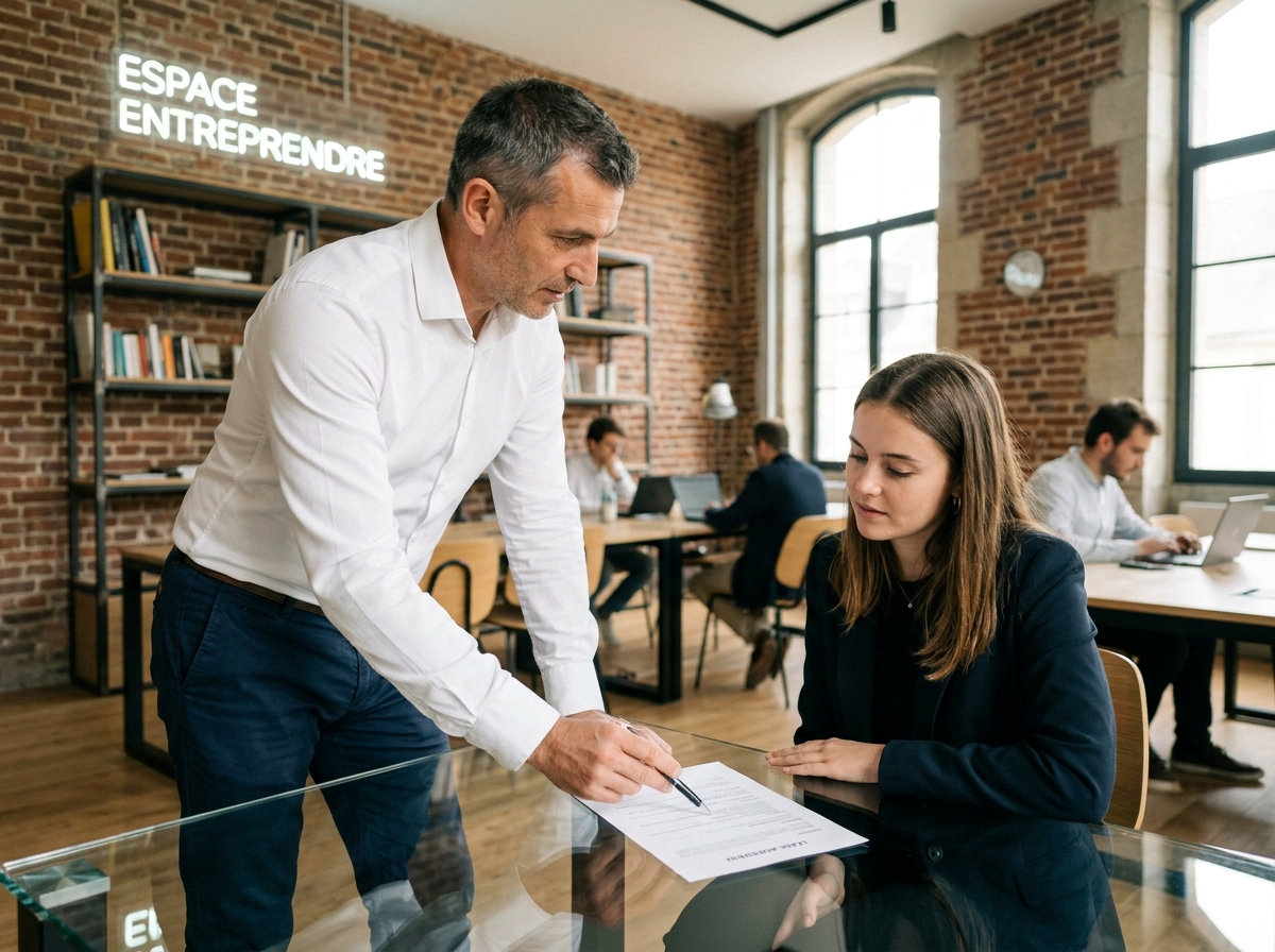 Agent immobilier expliquant les clauses d'un bail de bureau à un entrepreneur dans un espace de coworking à Rennes