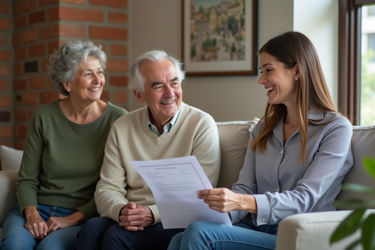 Agent immobilier remettant documents à un couple