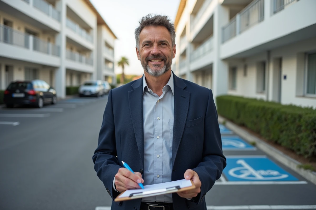 Agent immobilier évaluant la valeur d'une place de parking dans la cour d'une résidence moderne avec documents d'estimation