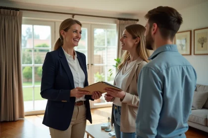 Femme agent immobilier souriante explique maison à un couple