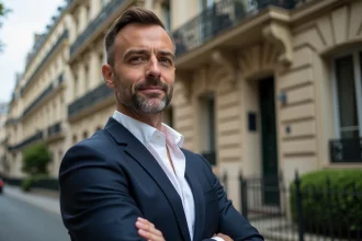 Agent immobilier professionnel devant un immeuble haussmannien parisien de luxe, illustrant les services haut de gamme de Kretz Family Real Estate