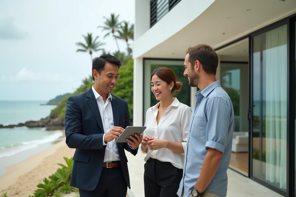 Agent immobilier thaïlandaise présentant une maison en bord de mer à un couple européen à Koh Samui