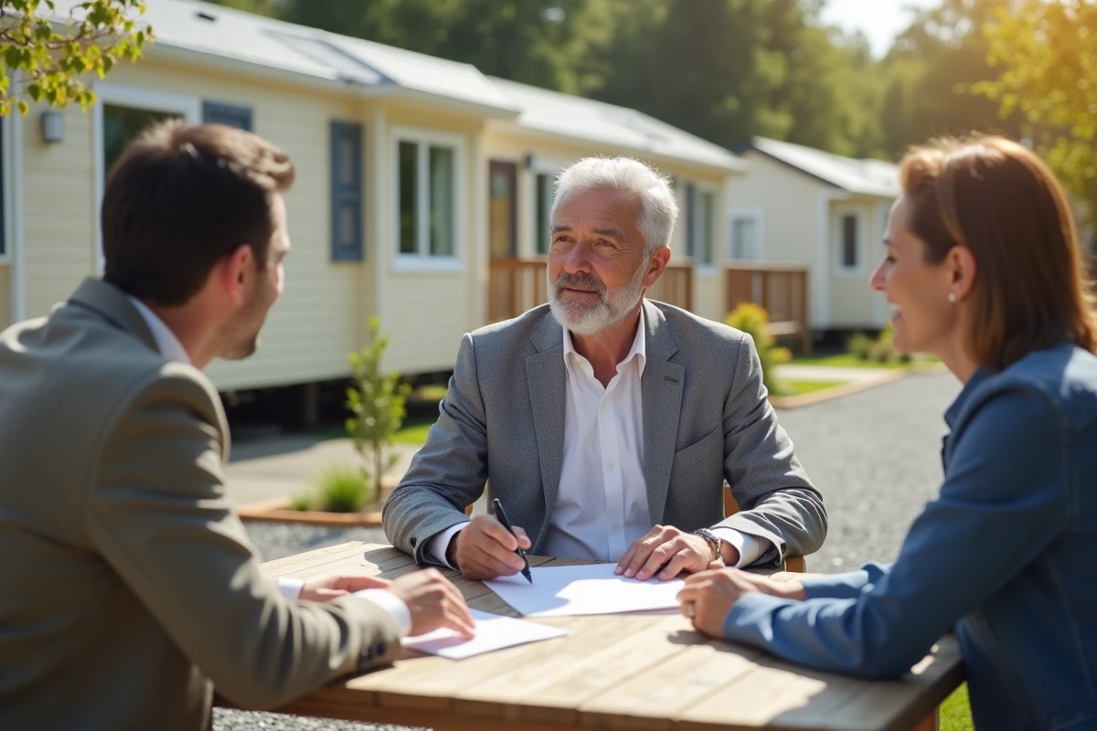Agent immobilier discutant d'une transaction de revente de mobil-home avec des propriétaires dans un parc résidentiel de loisirs