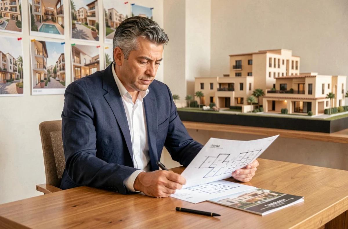 Agent immobilier marocain présentant des plans d'appartements neufs dans un bureau de vente à Marrakech
