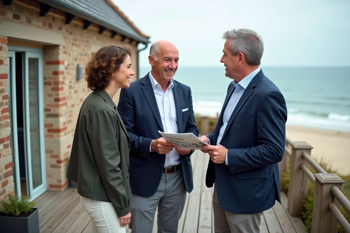 Agent immobilier présentant une maison en bord de mer en Normandie à un couple d'acheteurs sur une terrasse en bois