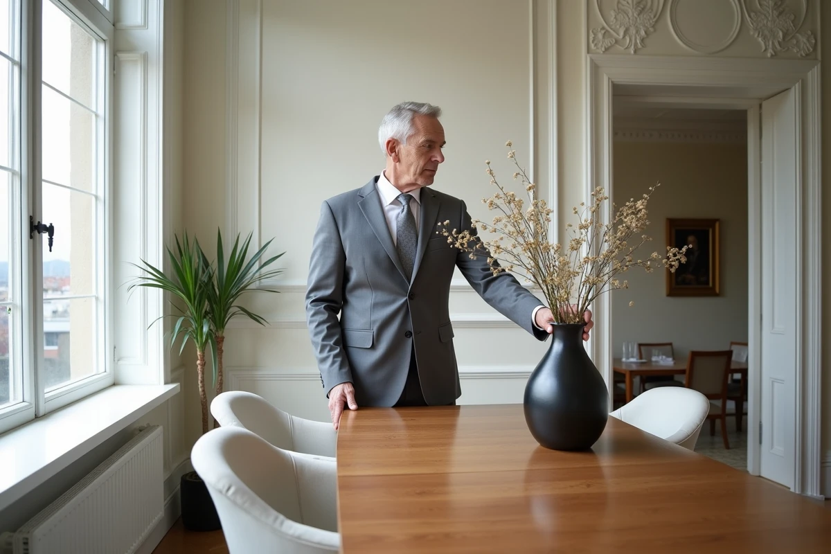 Agent immobilier place un vase dans une salle à manger élégante