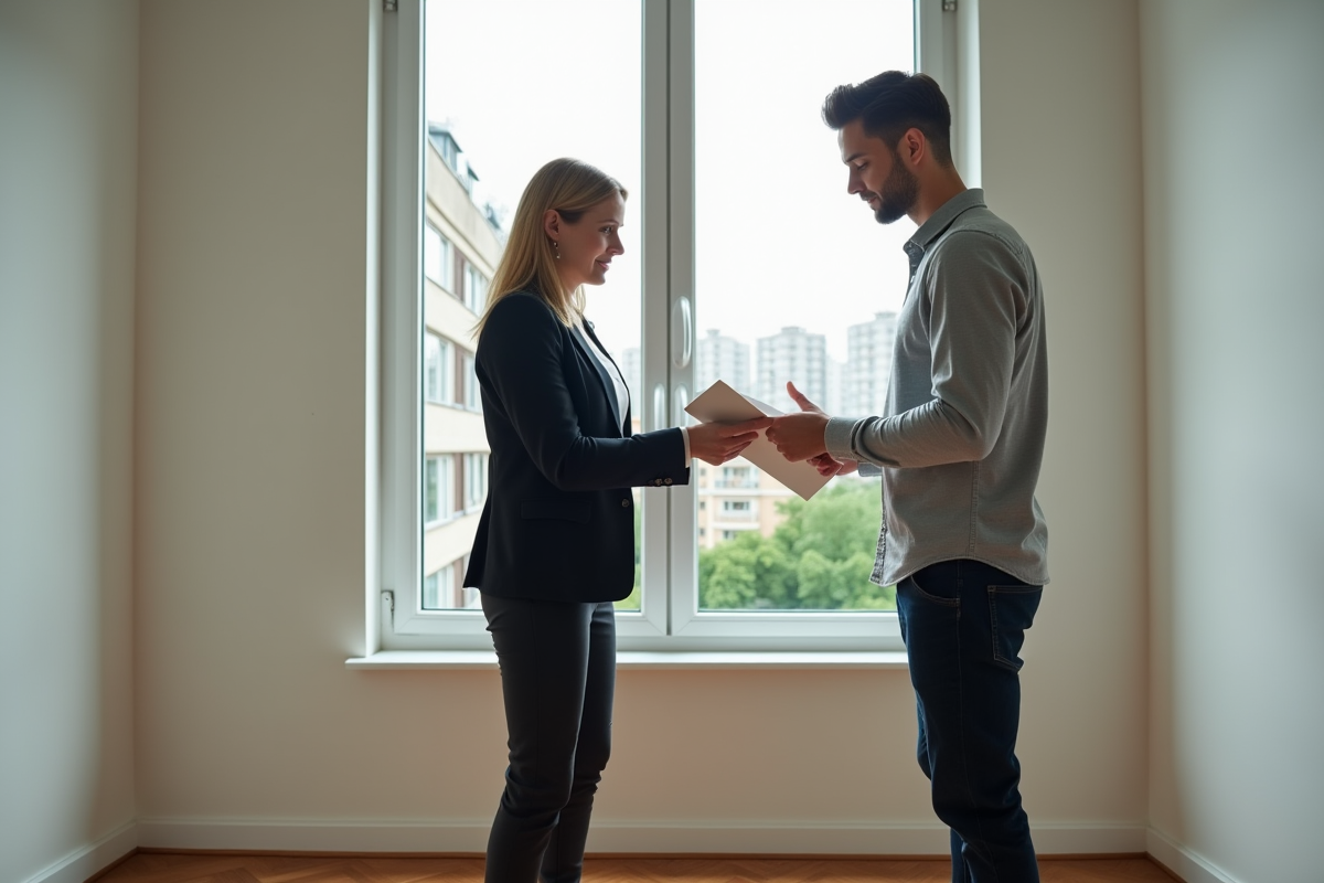 Agent immobilier montrant une brochure à un jeune homme dans un appartement
