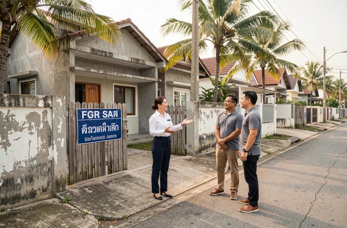 Une agente immobilière thaïlandaise présente une maison abordable à un couple étranger dans une rue résidentielle de Hua Hin