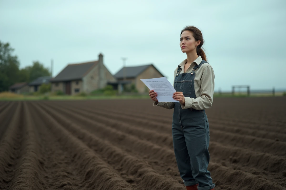 Jeune agricultrice tenant un bail rural dans un champ labouré avec une ferme en arrière-plan