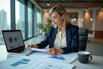 Femme professionnelle analysant des documents d'investissement immobilier dans un bureau moderne avec vue sur la ville