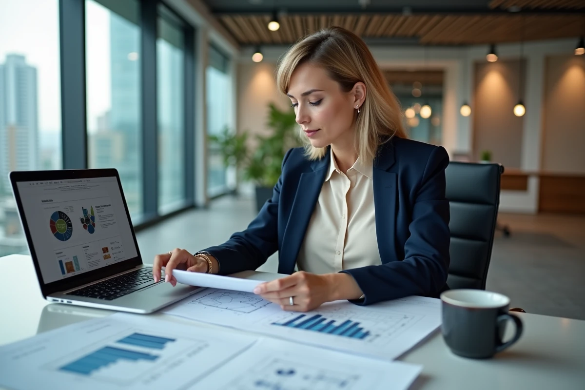 Femme professionnelle analysant des documents d'investissement immobilier dans un bureau moderne avec vue sur la ville