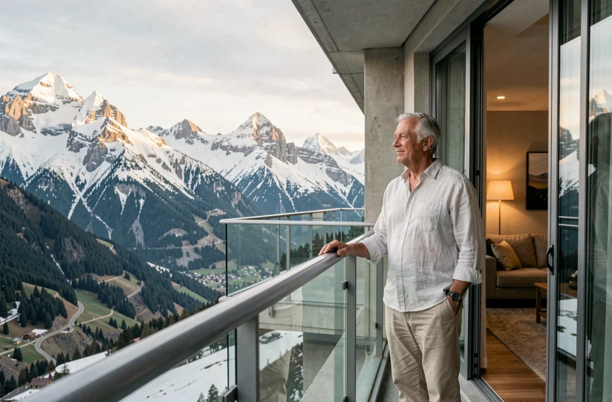 Homme retraité sur le balcon d'un appartement moderne en Andorre contemplant le panorama des Pyrénées