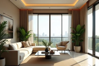Salon d'un appartement de luxe à Abidjan avec vue panoramique sur la ville et mobilier contemporain haut de gamme