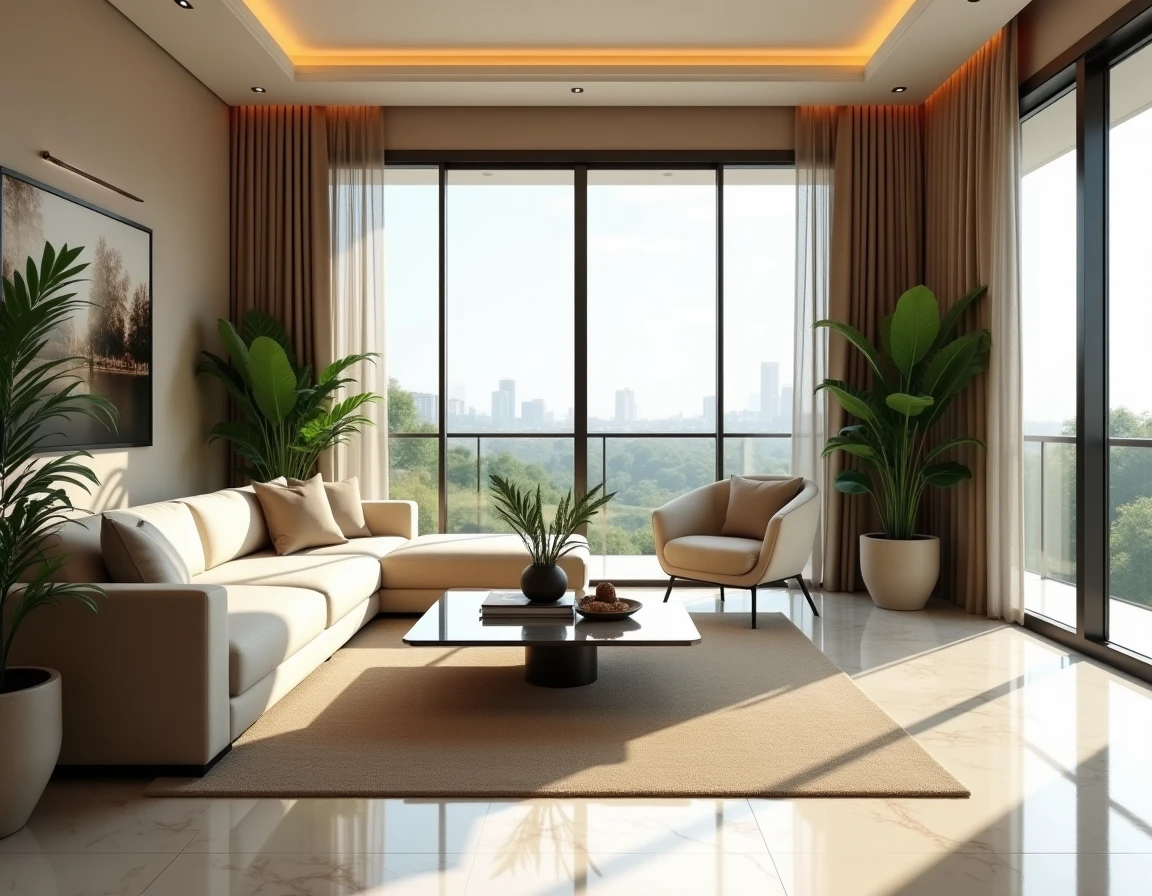 Salon d'un appartement de luxe à Abidjan avec vue panoramique sur la ville et mobilier contemporain haut de gamme