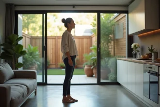 Femme dans un appartement T2 en rez-de-chaussée regardant vers la terrasse privative avec accès direct au jardin