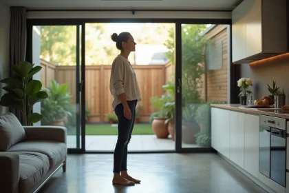 Femme dans un appartement T2 en rez-de-chaussée regardant vers la terrasse privative avec accès direct au jardin