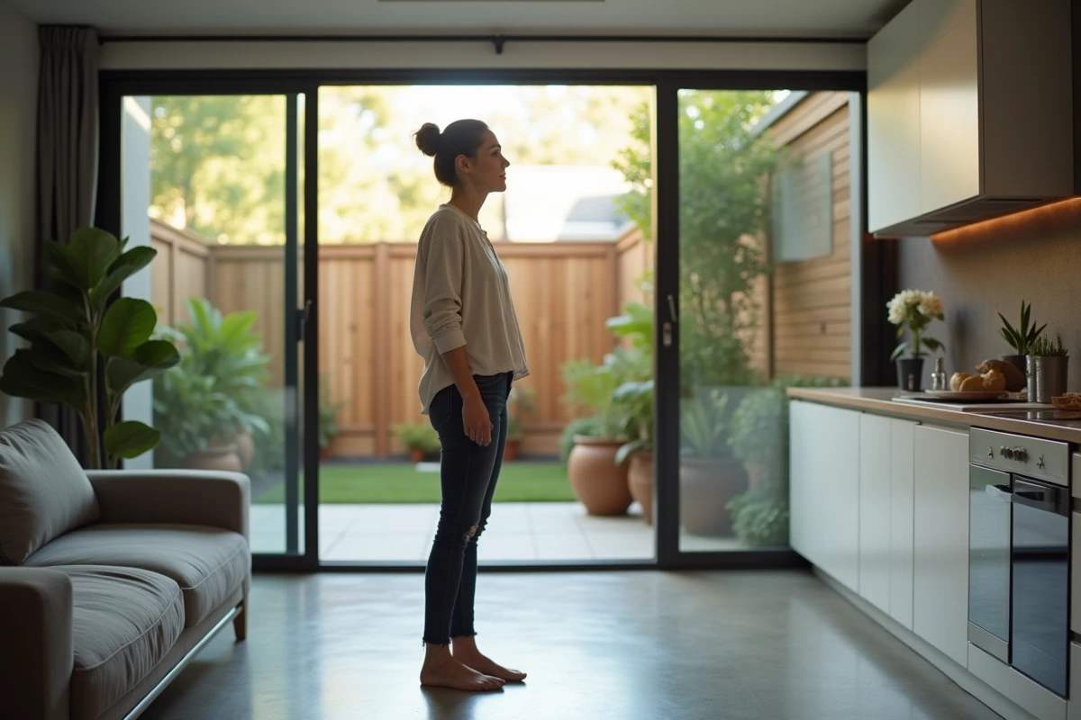 Femme dans un appartement T2 en rez-de-chaussée regardant vers la terrasse privative avec accès direct au jardin