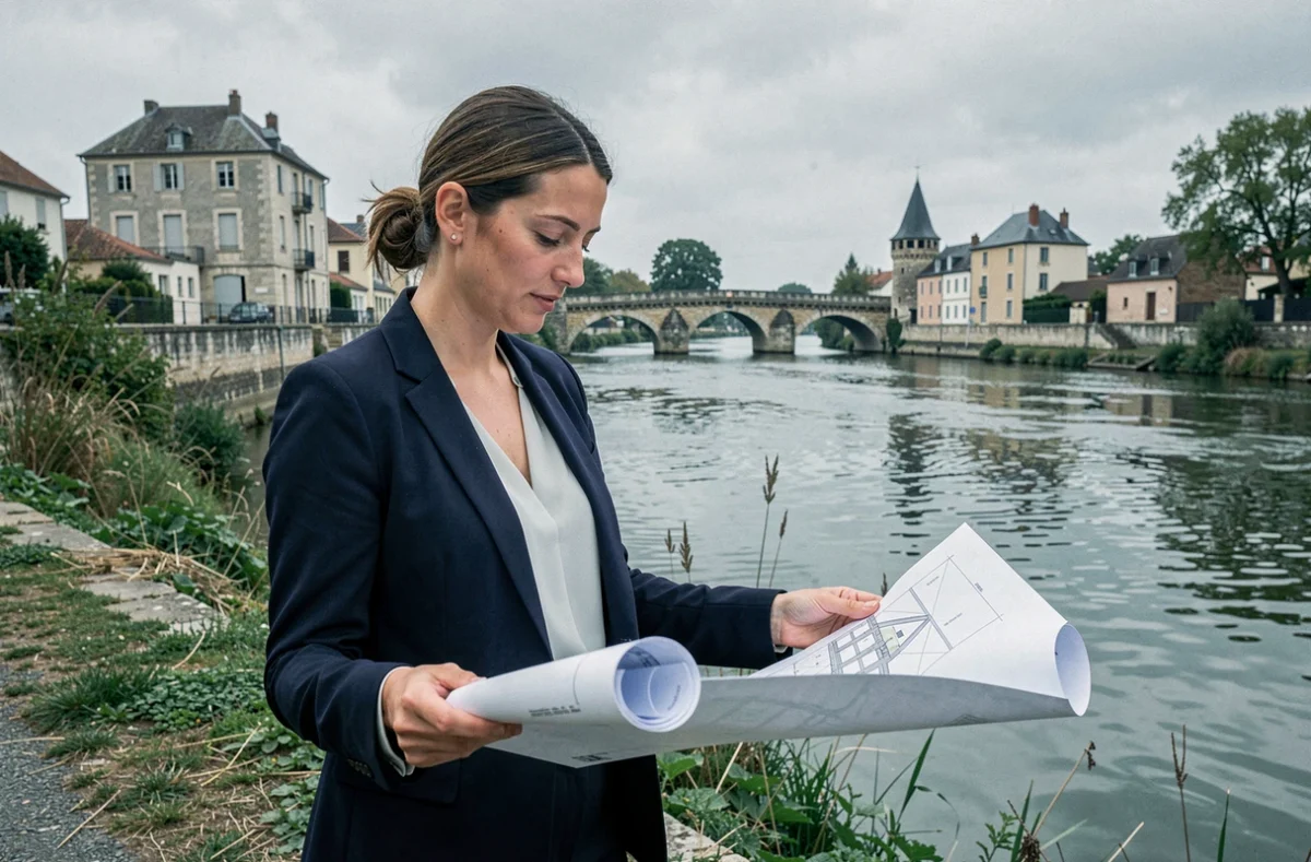 Architecte d'Archicrea DP à Montereau-Fault-Yonne étudiant un plan au bord de la confluence Seine-Yonne