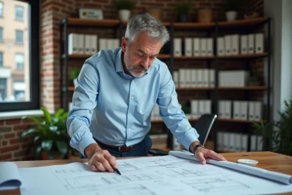 Architecte examinant des plans de construction et les règles de limite de propriété dans un bureau professionnel