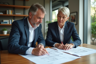 Hommes et femmes en réunion d'architecture