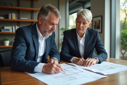 Hommes et femmes en réunion d'architecture