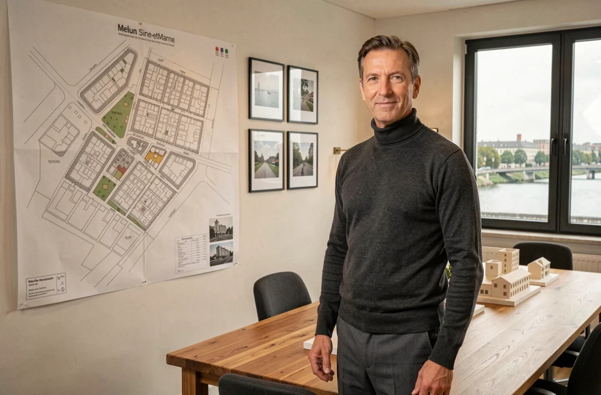 Architecte d'Arpentude à Melun présentant un plan d'aménagement urbain dans une salle de réunion