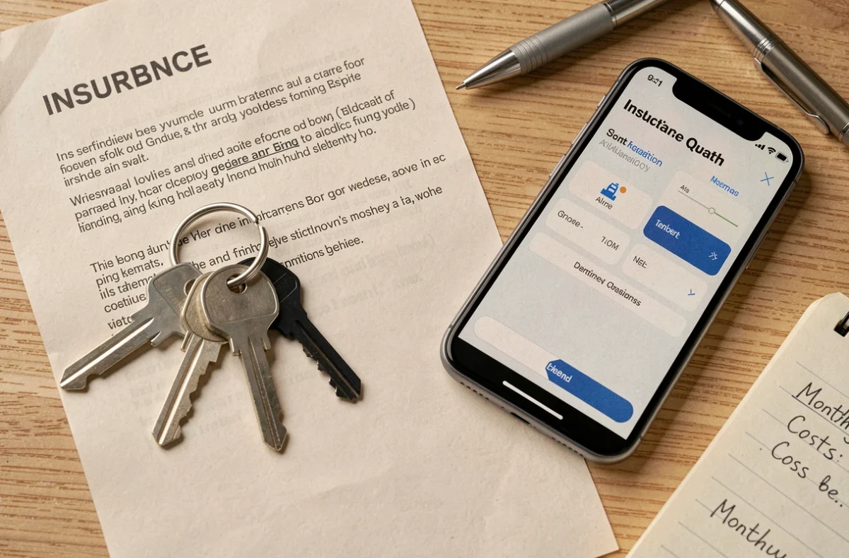 Documents d'assurance propriétaire non occupant avec clés de logement et devis sur une table en bois