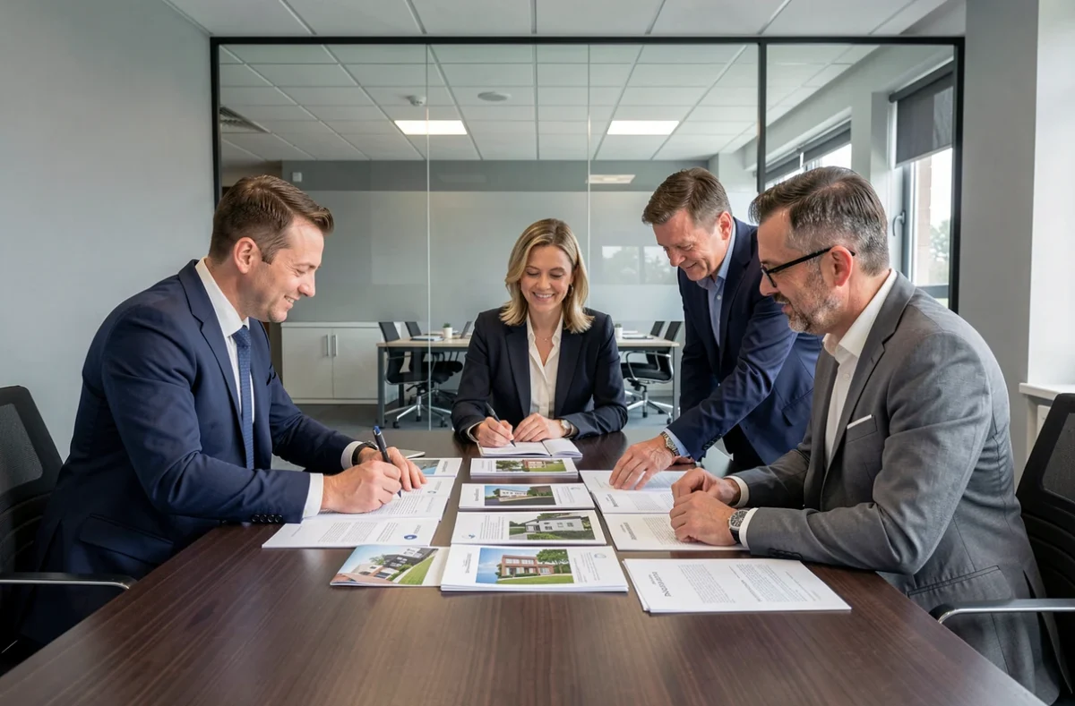 Équipe multi-enseignes Atlhas Bel Air Immobilier Sogela en réunion autour d'une table de conférence à Nantes