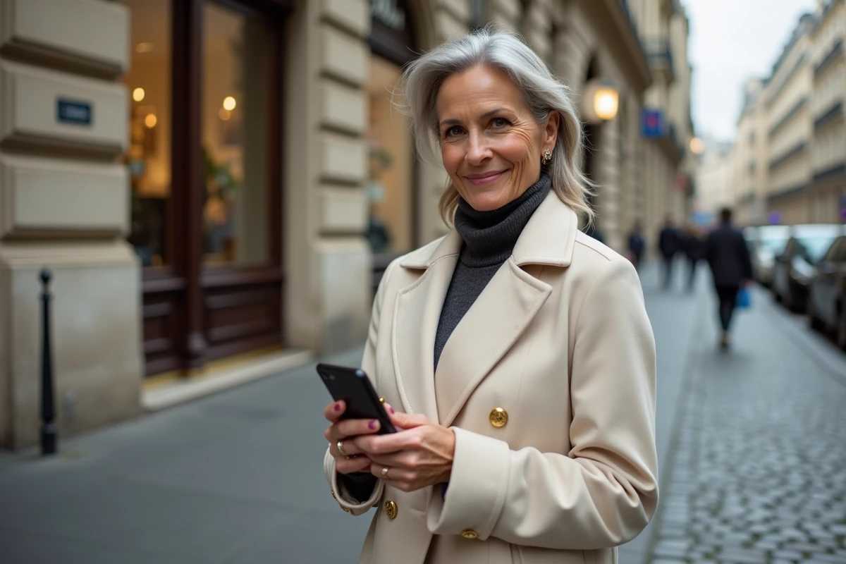 Cliente satisfaite consultant des avis en ligne sur son téléphone devant un immeuble de prestige parisien, symbolisant la réputation positive de Kretz Family Real Estate