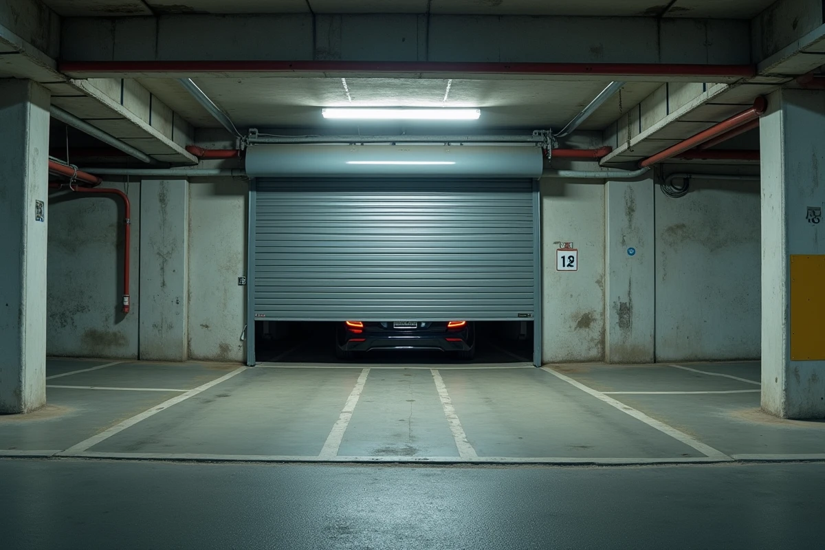 Intérieur d'un parking souterrain avec un box fermé à volet métallique et dimensions de place marquées sur le béton