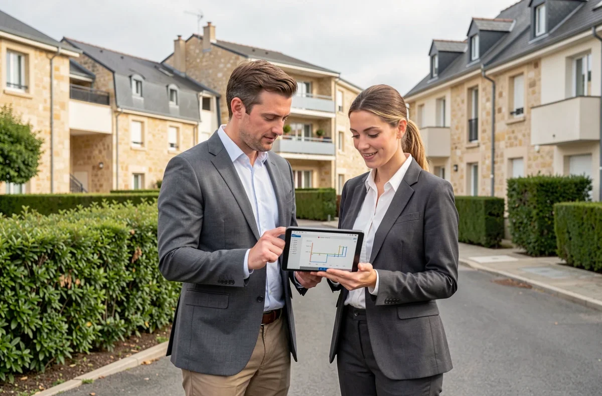 Deux gestionnaires de Bras Immobilier devant une copropriété à Rezé, consultant une tablette numérique
