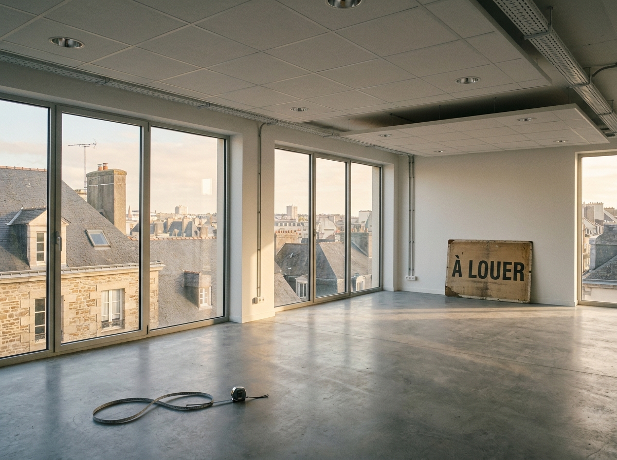 Bureau vide à louer à Rennes avec vue sur l'architecture bretonne, idéal pour vérification avant signature de bail