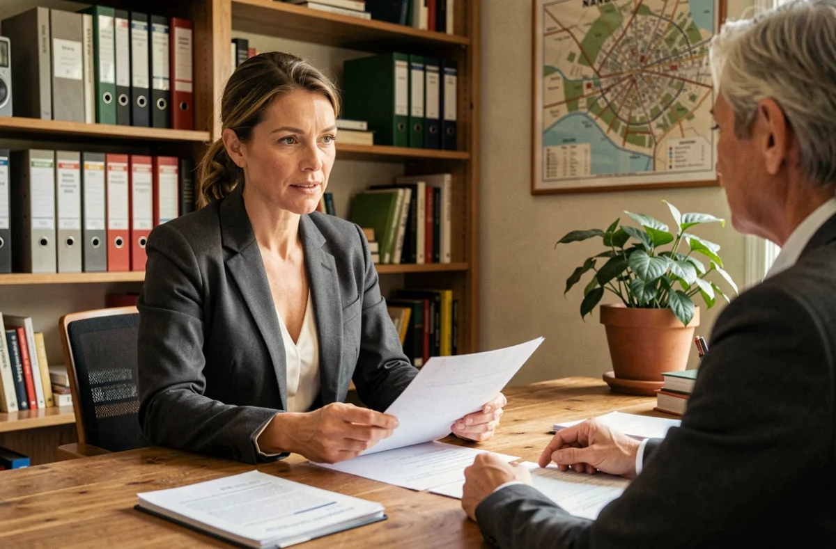 Conseillère du Cabinet Ollieric en réunion avec un copropriétaire dans une agence indépendante à Nantes