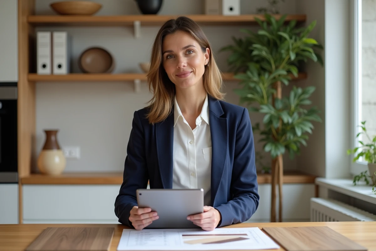 Femme consultant un calculateur de surface pour choisir un revêtement de sol parquet en showroom