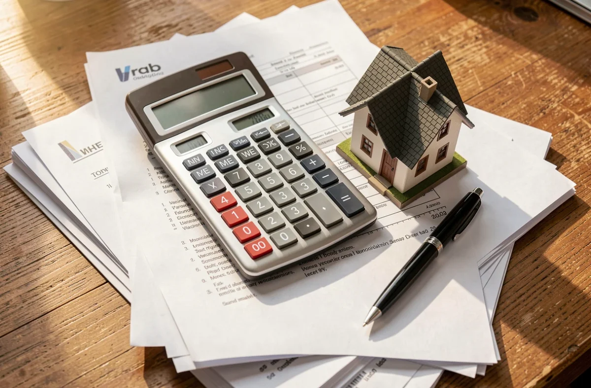 Calculatrice et maquette de maison posées sur des documents de prêt